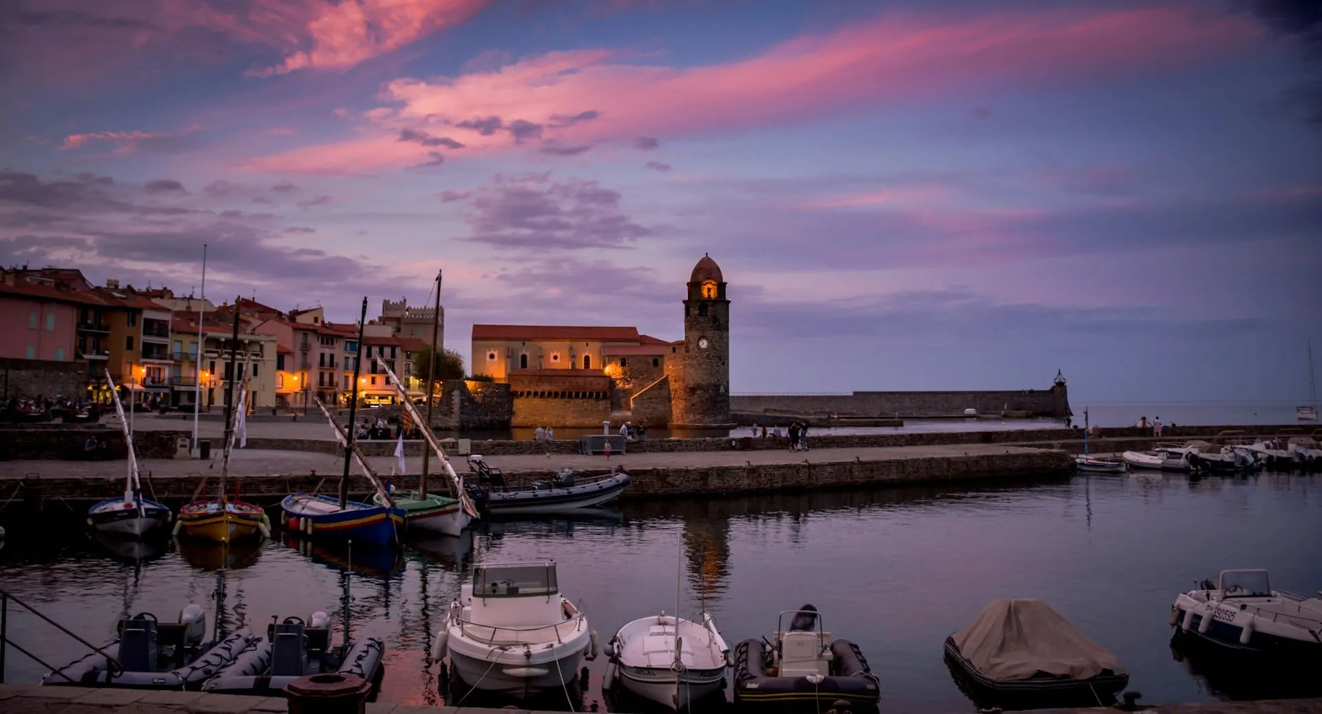 The harbour and bell tower of Collioure on the Mediterranean coast